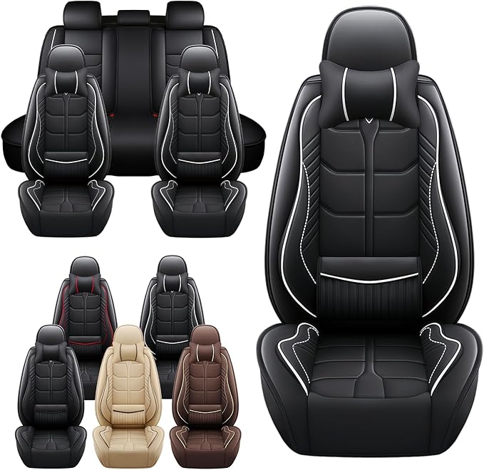 Leather Car Seat Covers Fit for Toyota RAV4 Hybrid 2016-2024, 5 Seater Car Seat Cover, Premium Waterproof, Scratch Resistant Car Interior Accessories (Full Set with Pillow Black White)