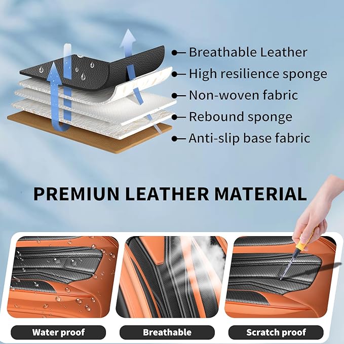 Fit Versa Car Seat Covers Compatible with Nissan Versa 2008-2025 2026 - Premium Leather， Waterproof Breathable， All-Weather Seat Cushion Protecto&Airbag Compatible (2 Front Seat Orange&Black)