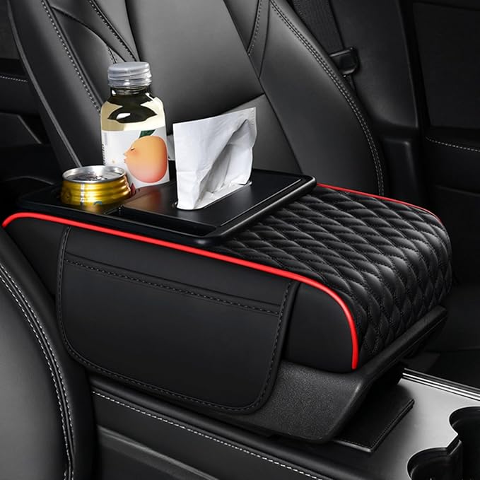 5-In-1 Center Console Cover Organizer, Arm Rest Cover for Car with Cup Holder & Storage Pocket & Tissue Box, Armrest Cover Cushion Pad, Water Ripples, Black - Red