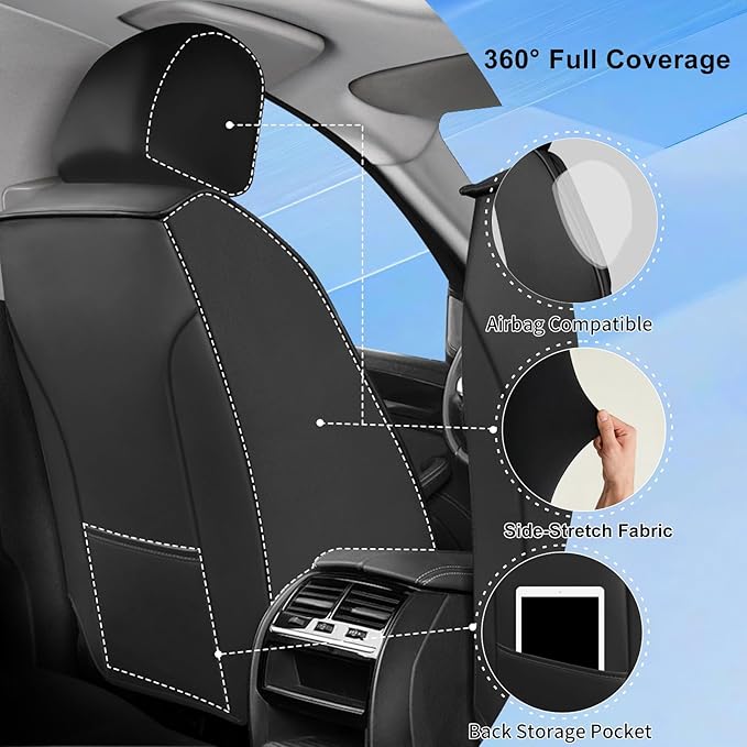 Fit Impala Car Seat Covers (Front Pair) for Select Chevrolet/Chevy Impala 2000-2020, Premium Full Coverage Leather, Airbag Compatible, Waterproof All Weather Seat Protector, Black