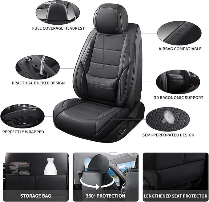 Car Seat Covers Full Set Custom Fit for Ford Maverick 2022-2025 - Premium Faux Leather with Lumbar Support, Breathable, Anti-Slip & Full Wrapping Edge (Black,Full Set)