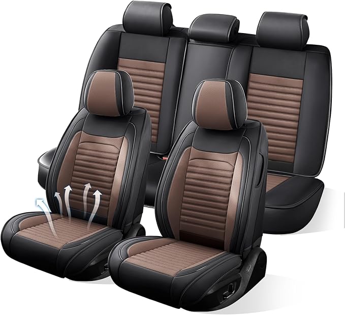 Car Seat Covers Full Set Fit for Toyota RAV4 2001-2026, Premium Faux Leather Car Seat Protector,Breathable Anti-Slip Full Wrapping Edge Seat Covers(Black&Brown,Full Set)