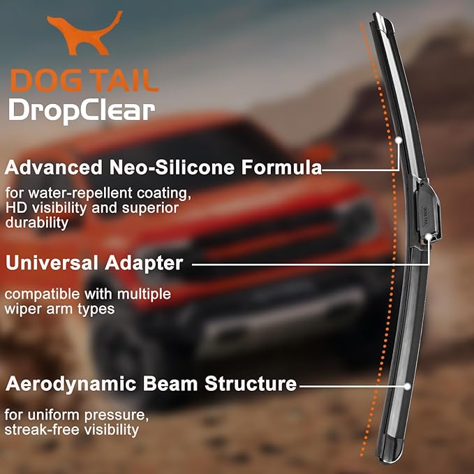 DOG TAIL Water Repellent Silicone Wiper Blades 26" 18" Set with Multiple Adapters and 2 Refills, Automotive Replacement Front Windshield Wiper Blades for My Car with Water Repellency Formula DropClear
