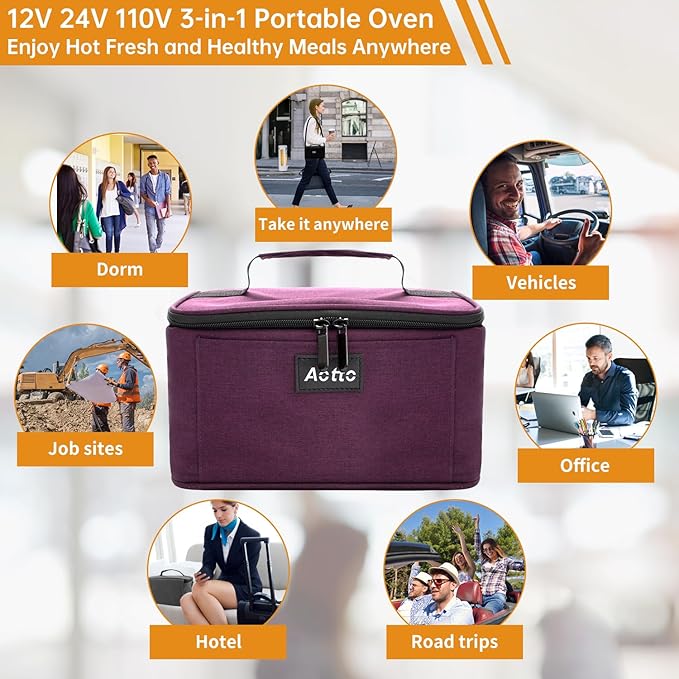 Aotto Portable Oven, Electric Lunch Box Food Heater - 12V/24V/110V 3-in-1 Car Food Warmer - Heated Lunch Box for Adults - Cook, Reheat & Keep Meals Warm for Vehicle, Travel, Work, Home - Deep Purple