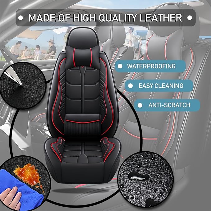 Leather Car Seat Covers Fit for Toyota Corolla iM 2017-2018, 5 Seater Car Seat Cover, Premium Waterproof, Scratch Resistant Car Interior Accessories (Full Set with Pillow Black Red)