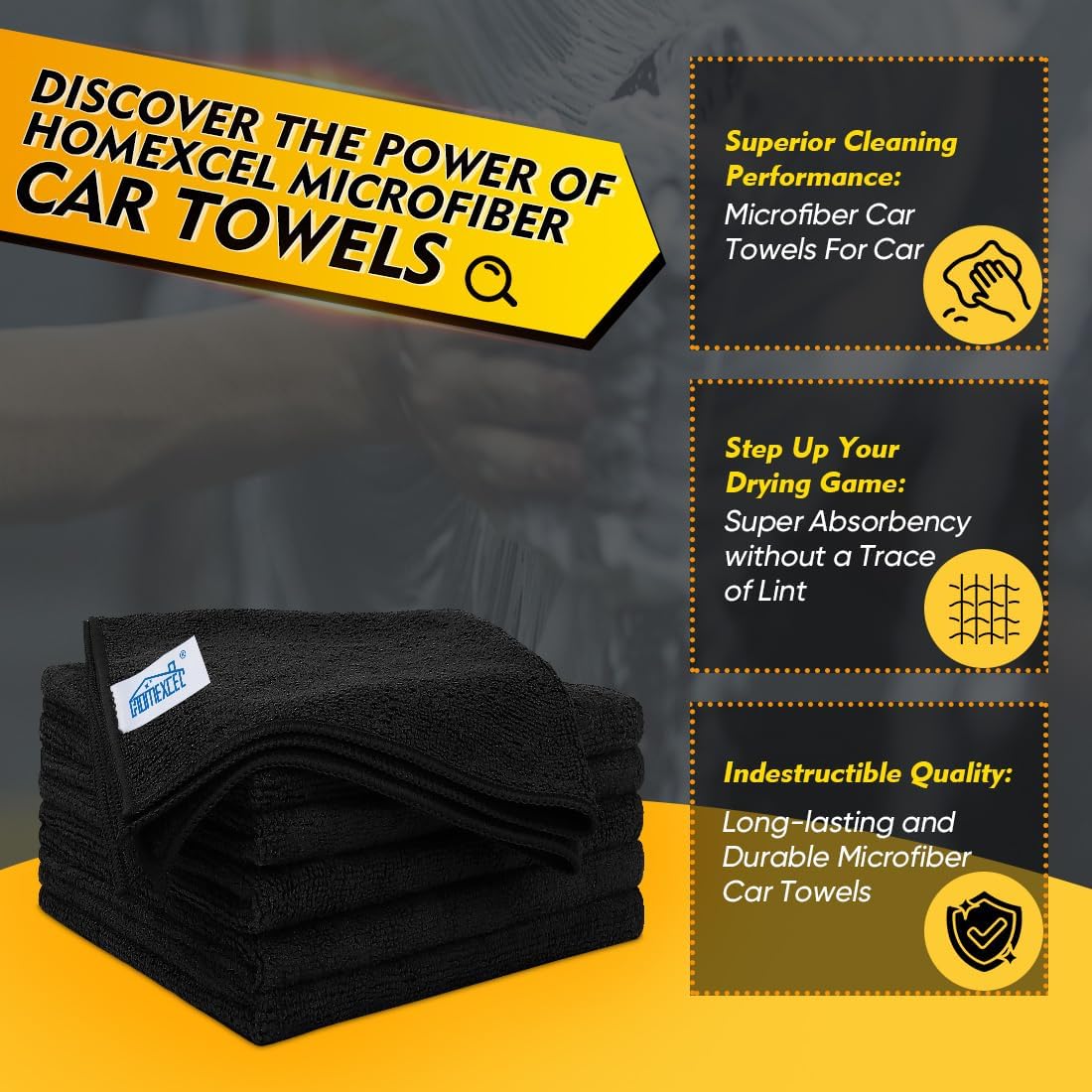 HOMEXCEL Black Microfiber Cleaning Cloth 50 Pack, 12.5 x 12.5 inch Microfiber Towels for Cars, Ultra Absorbent Car Washing Cloth, Lint Free Streak Free Cleaning Rags for Car, Kitchen, and Window