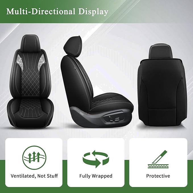 Bling Diamond Embroidered Seat Covers for Nissan Rogue Sport 2017-2022, Full Set 5 Seats, Sparkle Rhinestone Breathable Perforated Faux Leather Car Seat Covers for Women (Black)