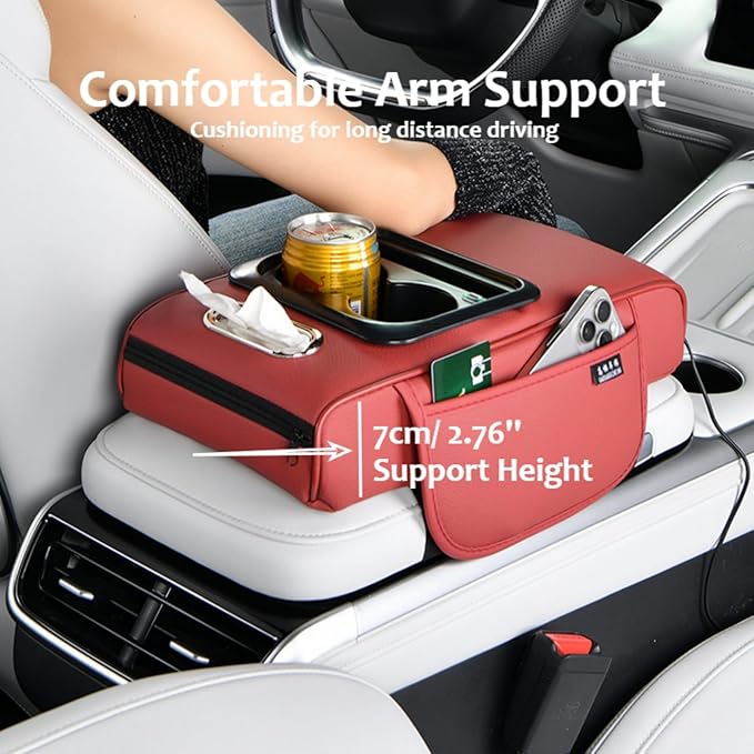 Armrest Box Pad for Car w/Type-C Charging Interface, Car Center Console Cover w/Cup Holder, Interior Car Accessories (Beige)