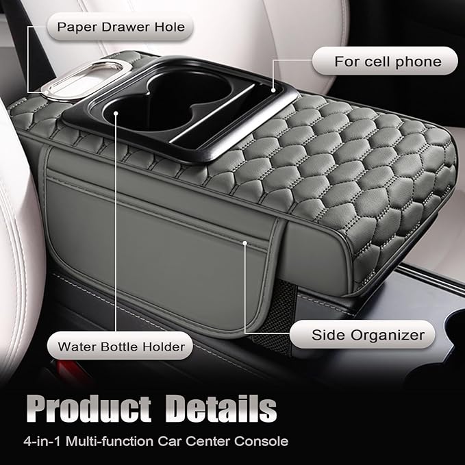Priprilod Gray Car Center Console Armrest Pillow, Memory Foam with Cup Holder and Cell Phone Holder, Multifunctional Car Center Console Organizer, Universal Fit for Most Car Interior Accessories