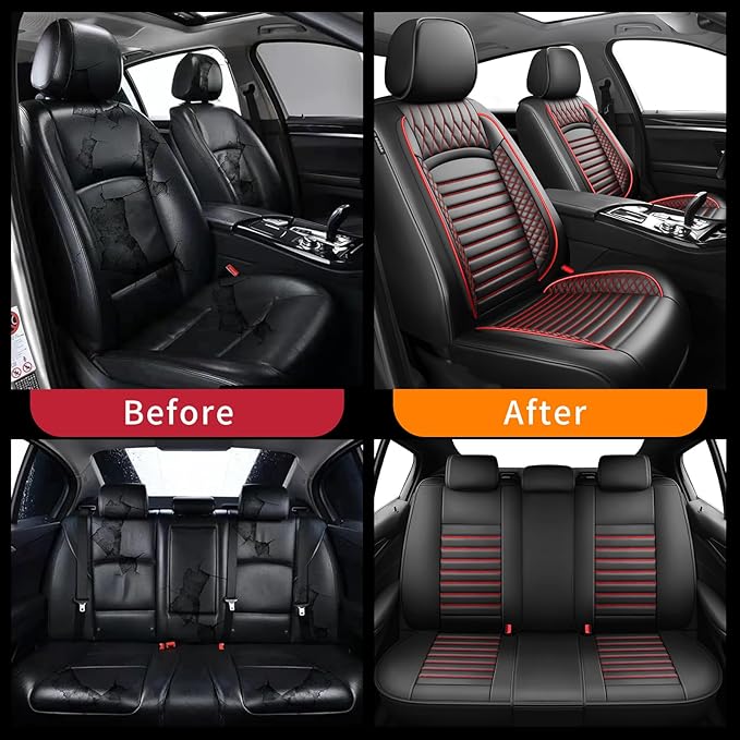 Fit Kona Car Seat Covers for Hyundai Kona 2018-2024 2025 2026 - Upgraded Premium Waterproof & Breathable Leather,Airbag Compatible, All-Weather Seat Cushion Protector(Full Set,Black+Red)