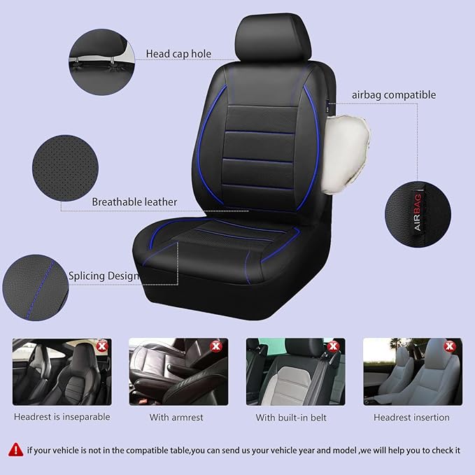 CAR PASS Universal FIT Piping Leather Two Front Seat Covers, Waterproof Faux Leather for SUV Sedan Van Truck, Airbag Compatible,Reserved Opening Holes for Headrest Covers. (Black and Blue)