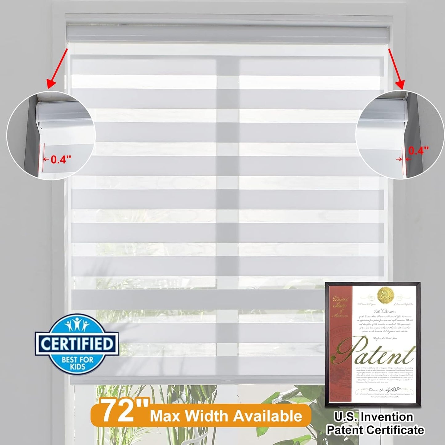 Persilux Cordless Zebra Blinds for Windows Free-Stop Roller Shades for Windows (49" W x 72" H, White) Dual Layer Window Treatments Room Darkening Roller Blinds for Home, Office and Kitchen