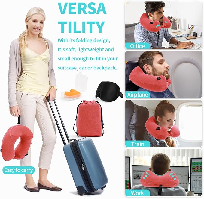 2 Pack Inflatable Travel Neck Pillows for Airplanes, Head Support Velvet Adult Neck Pillows for Long Flight, Kit with Eye Mask, Earplugs and Storage Bag, 2, Rose Pink