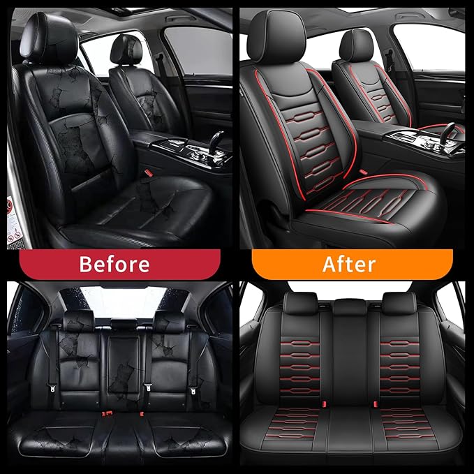 Fit CRV Car Seat Covers for Honda CR-V 2013-2024 2025 2026 - Upgraded Premium Waterproof & Breathable Leather, Airbag Compatible, All-Weather Seat Cushion Protector (Full Set, Black+Red)