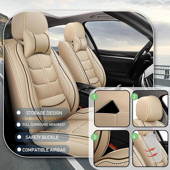 Leather Car Seat Covers Fit for Toyota Avalon 1996-2024, 5 Seater Car Seat Cover, Premium Waterproof, Scratch Resistant Car Interior Accessories (Full Set with Pillow Beige)