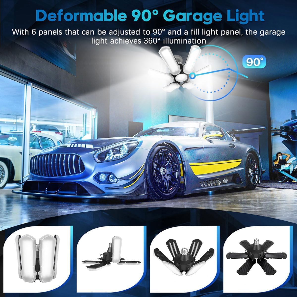 TANBABY 2 Pack LED Garage Lights, 150W Deformable Best Ceiling Shop Lights, 15000LM LED Light 6500K Garage Lighting with 6+1 Adjustable Panels Bulb for Basement