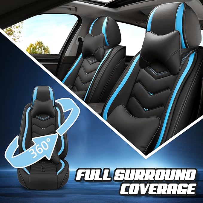 Car Seat Covers for Fiat 500 2012-2019, Premium Nappa Leather Car Seat Cover, Stylish Sport Seat Covers， Automobile Seat Cover Sets.(Luxury 5 Seats/Black Blue)