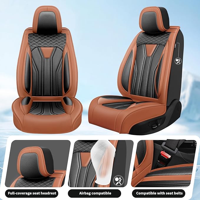 Fit Rogue Car Seat Covers Compatible with Nissan Rogue 2011-2025 2026 - Full Set Premium Leather， Waterproof Breathable， All-Weather Seat Cushion Protecto&Airbag Compatible（Brown & Black
