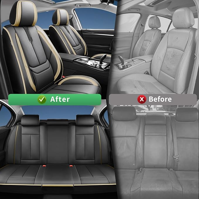 Fit Santa Fe Car Seat Covers (5 Seats) for Select Hyundai Santa Fe 2007-2025 2026 - Full Coverage Leather,Airbag Compatible, Waterproof & All Weather Seat Cushion Protector,Full Black-Beige