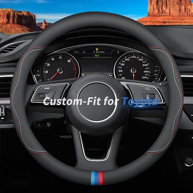 Custom-Fit for Toyota Steering Wheel Cover, Premium Leather Car Steering Wheel Cover with Logo, Non-Slip, Breathable, for