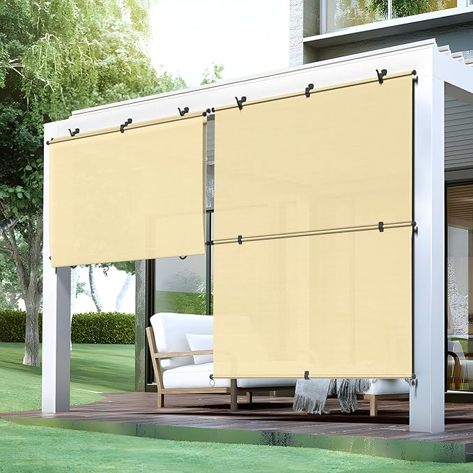 Bynbbur 4'W x 8'H Outdoor Patio Shades Foldable Roller Blinds, 220 GSM Sun Shade Roll Up Porch Screens Exterior Shade Cloth for Deck Pergola Backyard, Beige