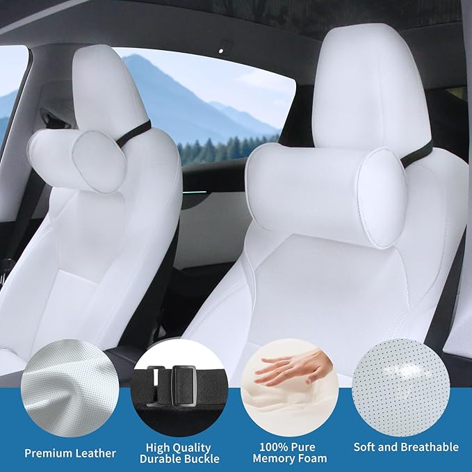 Car Headrest Pillow for Driving - Luxury Leather 100% Memory Foam, Ergonomic Neck Support - Universal Fit Head Rest Travel Pillow for Most Cars, Home & Office, White, 1 Pack