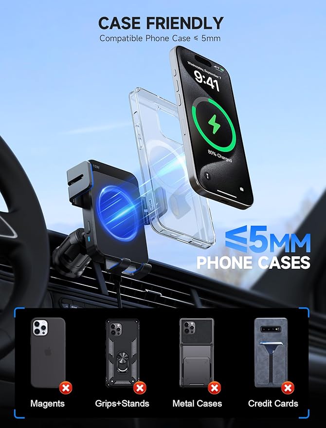MOKPR Wireless Car Charger, 15W Auto Clamping Car Charger Dash Windshield Air Vent Phone Holder Compatible with iPhone 16 15 14/13/13 Pro/12 pro/12/11/X/8, Samsung S24/S23/S22, Blue