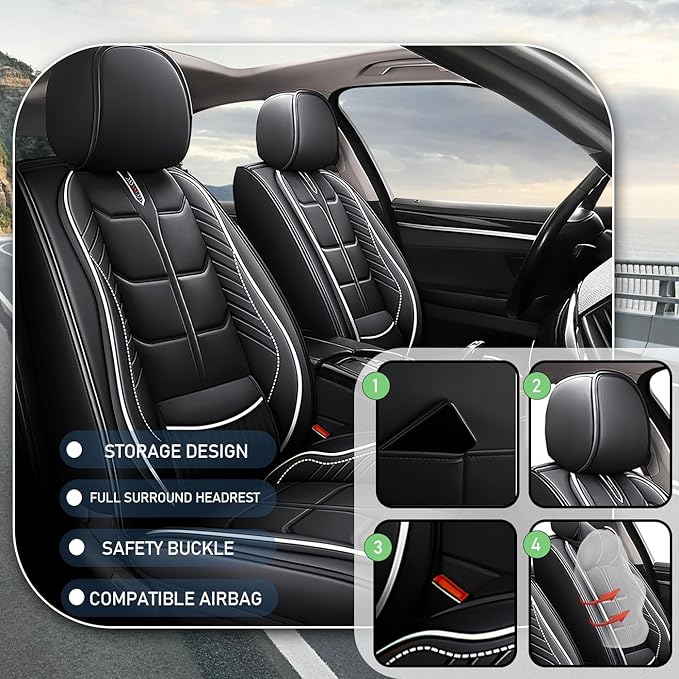 Leather Car Seat Covers Fit for Toyota Prius 2004-2024, 5 Seater Car Seat Cover, Premium Waterproof, Scratch Resistant Car Interior Accessories (Full Set Black White)