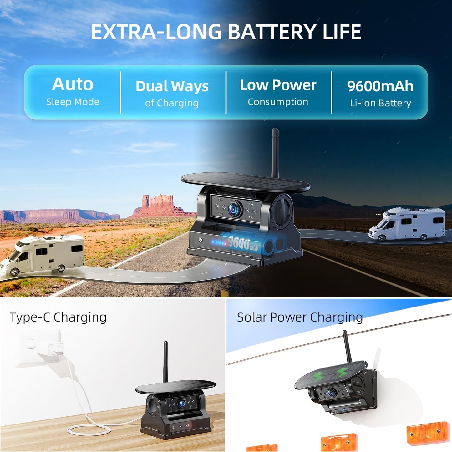 eRapta Magnetic Solar Wireless Backup Camera: HD1080P 7” Touchscreen Portable with DVR, BSD, 1-Min Install-Free IR Night Vision Hitch Backup Camera for Trailer/Truck/Small RV/Camper/Tractor-AWTCM701