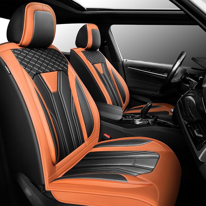 Fit Frontier Car Seat Covers Compatible with Nissan Frontier 2010-2025 2026 - Premium Leather， Waterproof， All-Weather Seat Cushion Protecto&Airbag Compatible (2 Front Seat Orange&Black)