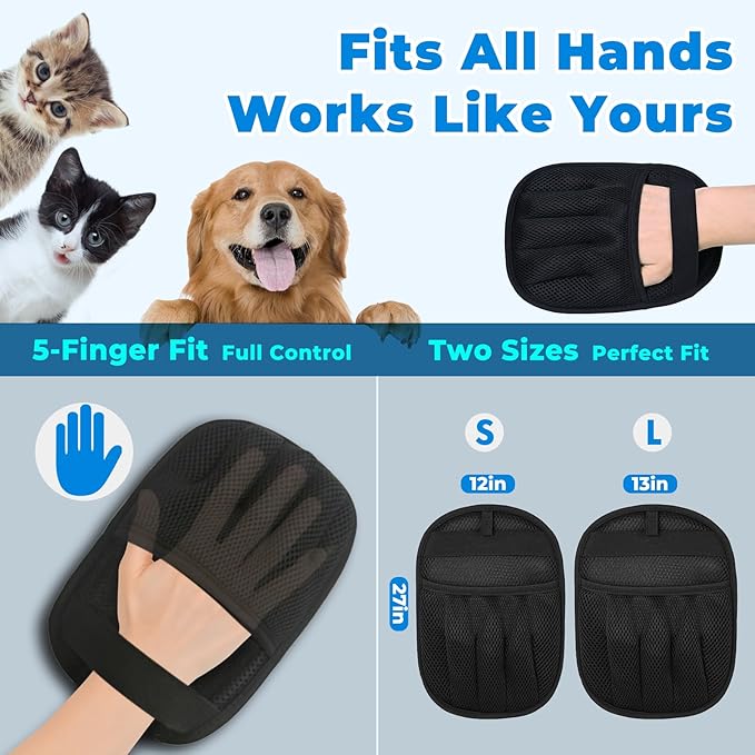 GRENTY 2 PCS Pet Hair Removal Glove for Dogs & Cats, Upgraded Five-Finger Electrostatic Magic Brush Pet Hair Remover, Pet Hair Removal Tools for Clothing, Carpet, Sofa Gaps, Car Seat