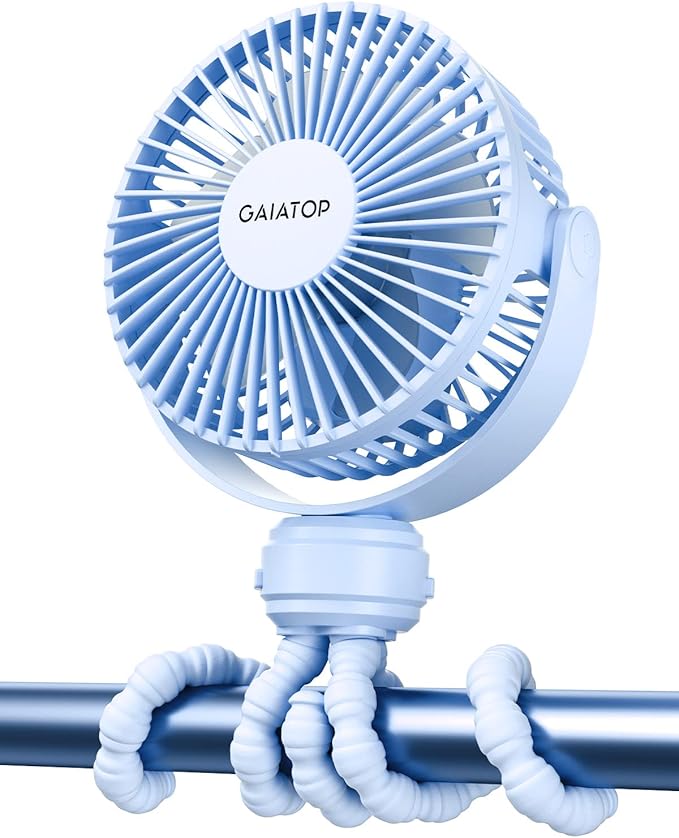 Gaiatop Mini Portable Stroller Fan, Battery Operated Small Clip on, Detachable 3 Speed Rechargeable, 360° Rotate Flexible Tripod Better Cooling for Car Seat Crib Treadmill Travel Blue