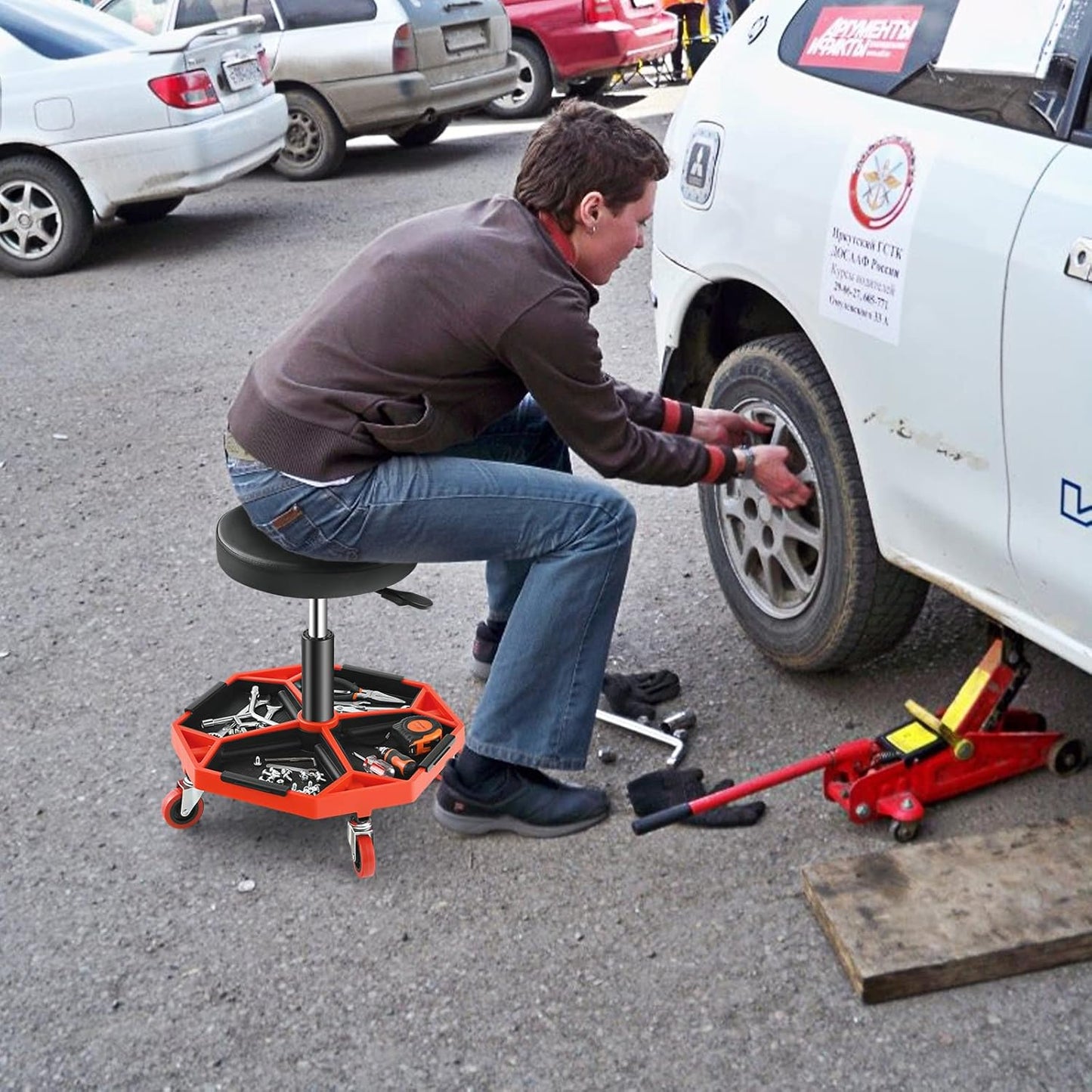 Adjustable Mechanic Rolling Stool, Pneumatic Rolling Stool with Wheels, Tool Storage Tray & Padded Seat Cushion, Garage Stool Chairs Creeper Seat (Red)