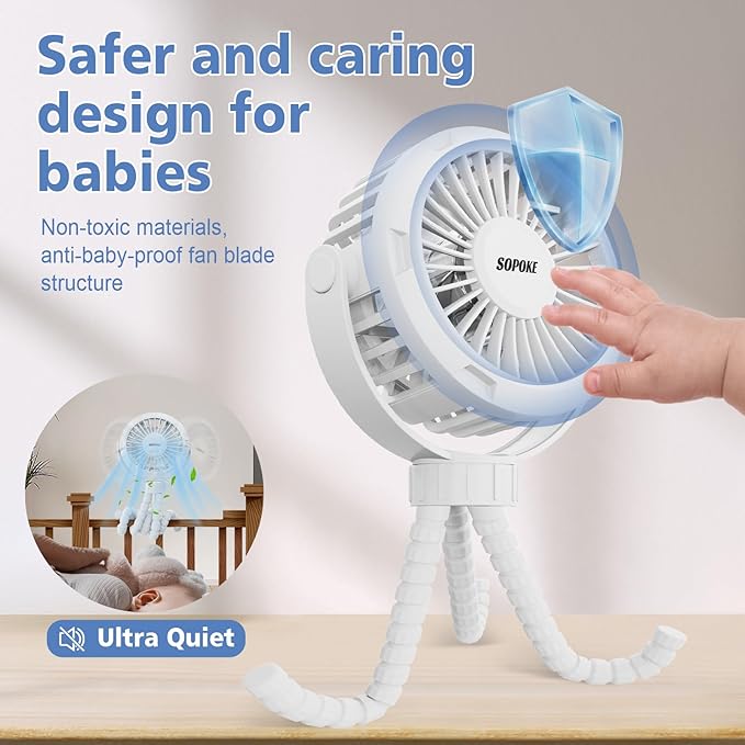 Mini Portable Baby Stroller Fan,3 Speed Personal Handheld Fan,Battery Operated Rechargeable 360° Flexible Tripod Cooling Fan, Suitable for Car Seat Crib Treadmill Golf Cart Travel(Yellow)