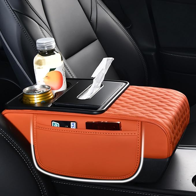 5-in-1 Car Armrest Pad Cushion, Water Ripple Embossed Center Console Booster Pad with Tissue Box, Cup Holder, Storage Bag, Phone Slot, Fit for Most Sedan Vehicles (Water Ripple Series, Pink)