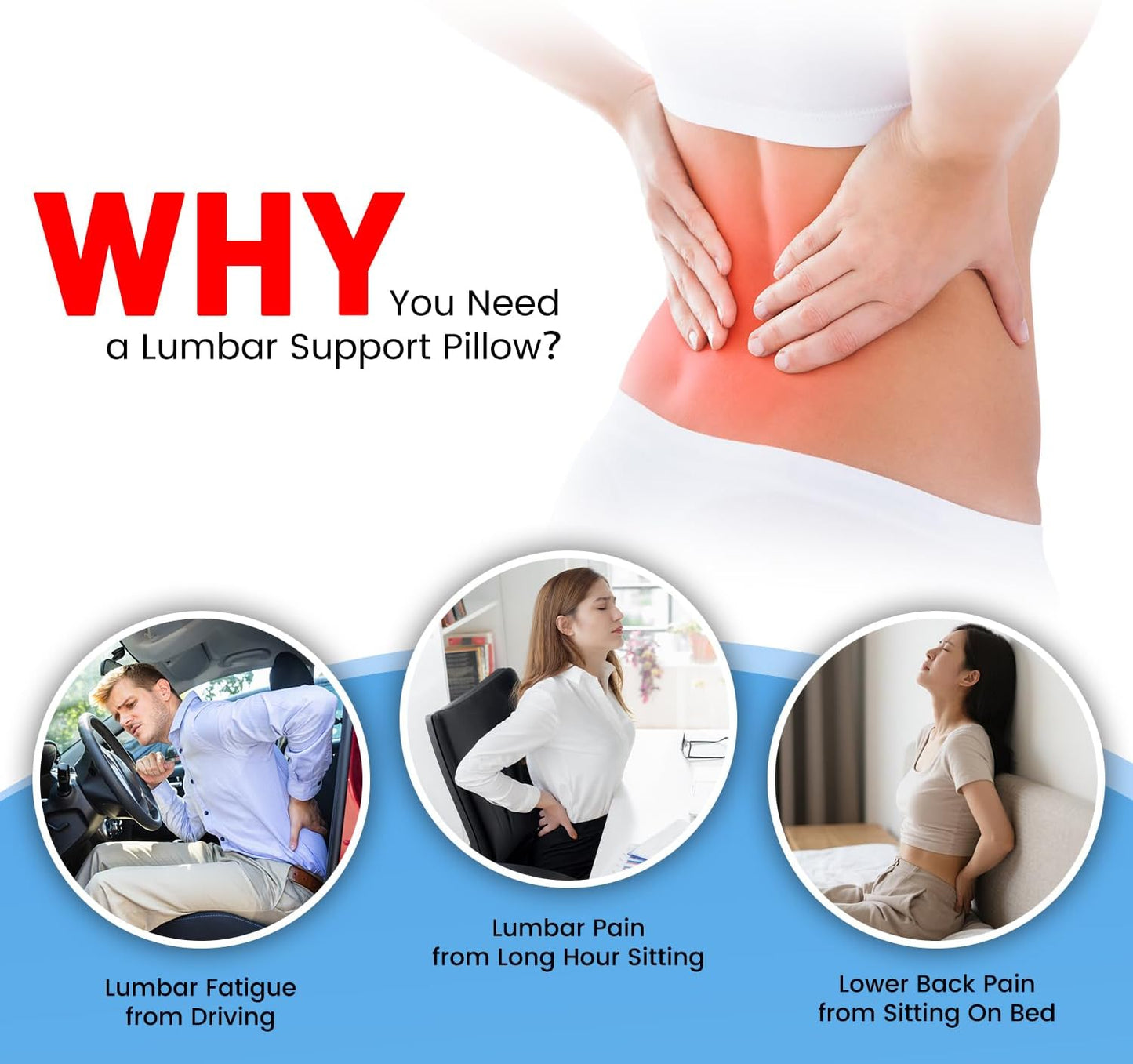 Memory Foam Lumbar Support Pillow for Car Seat & Office Chair - Orthopedic Lower Back Support for Lower Back Pain Relief, Posture Corrector with Breathable Airflow Channels