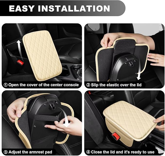 Upgraded Car Center Console Cover Fit for Camry Faux Leather Car Armrest Cover Cushion with 2 Storage Bags,Car Armrest Storage Box Interior Accessories(Beige&Whiteline)