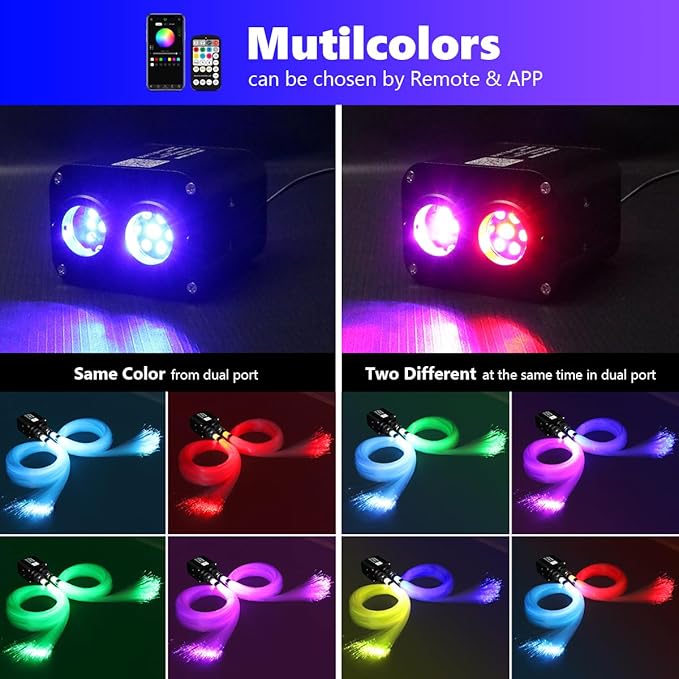AMKI Dual Color 20W Twinkle Starlight Headliner Kit 1100pcs*0.03in 13.1ft Cables+ RGB Meteor Shooting Star Fiber Optic Light Sound Activated APP/Remote Control for Car Roof Home Ceiling