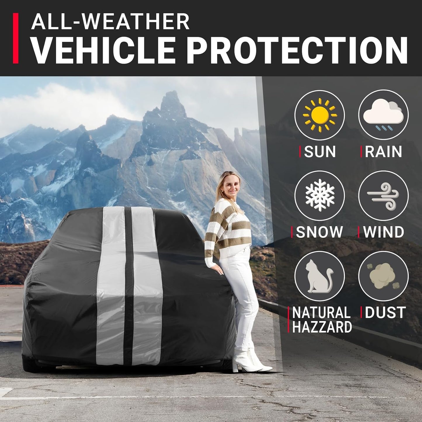 iCarCover Premium Plus Car Cover for 1959-1960 Chevy El Camino Waterproof All Weather Rain Snow UV Sun Hail Protector for Automobiles, Full Exterior Indoor Outdoor Car Cover (Stripe - Black/Gray)