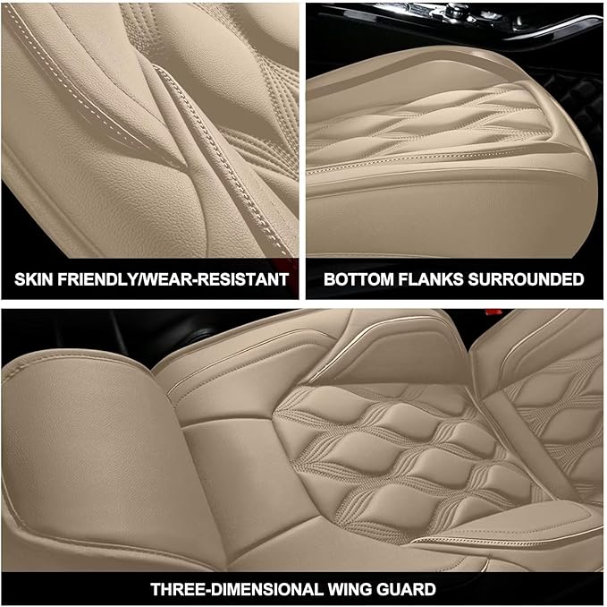 AOMSAZTO Full Set Fit for Toyota Tundra 2008-2025 Waterproof Leather Automotive Cushion Covers Seat Protector Airbag Compatible Truck Seat Covers (5 Seats,Beige)