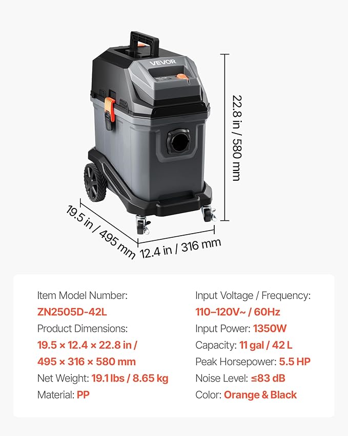 VEVOR Commercial Shop Vac, 11 Gallon Wet Dry Shop Vacuum, 5.5 Peak HP Portable with One-Button Self-Cleaning, 1350W Input, 1.25in x 7ft Hose, 20ft Cord, Industrial-Grade for Jobsite, Workshop