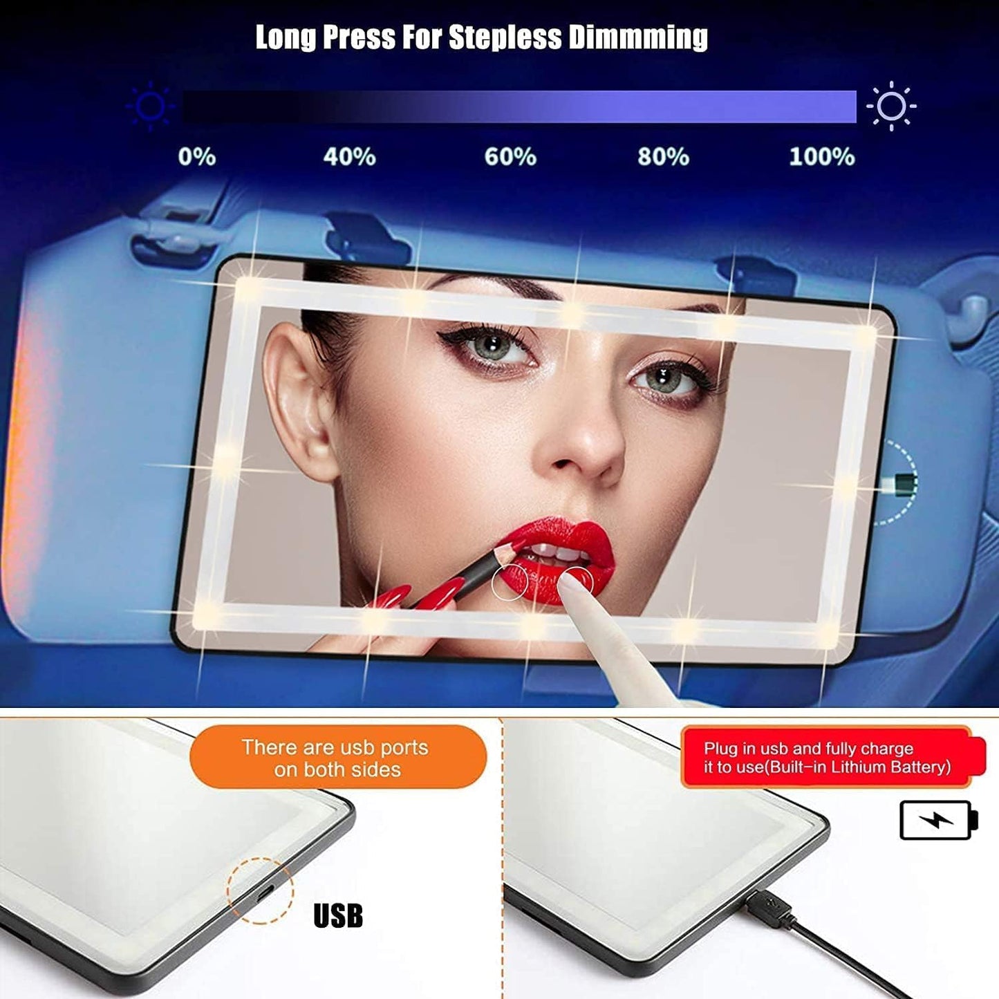Car Vanity Mirror, with 3 Light Modes & 60 LEDs - Rechargeable Dimmable Clip-on Rear View Sun-Shading Cosmetic Makeup Mirror, Universal for Car SUV (Pink, 1 Pack)