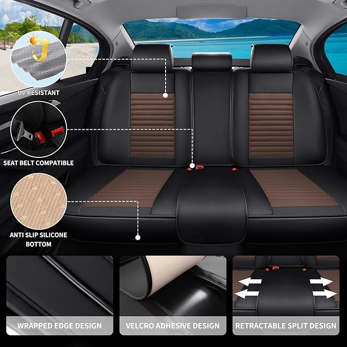 Car Seat Covers Full Set Fit for Toyota Yaris 2007-2020, Premium Faux Leather Car Seat Protector,Breathable Anti-Slip Full Wrapping Edge Seat Covers(Black&Brown,Full Set)