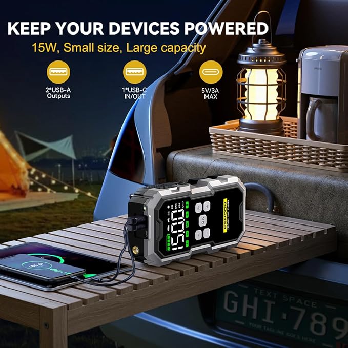 Jump Starter with Air Compressor, 6000A Jump Starter Battery Pack (All Gas/10L Diesel), 150PSI 12V Jump Box Car Battery Jumper Starter Portable with Type-C Quick Charge and LED Lights