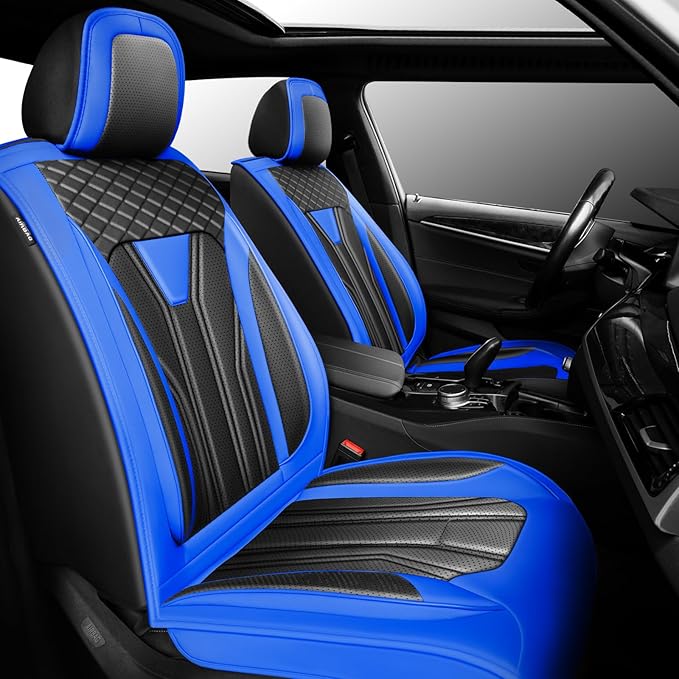 Fit Frontier Car Seat Covers Compatible with Nissan Frontier 2010-2025 2026 - Premium Leather，Waterproof Breathable，All-Weather Seat Cushion Protecto&Airbag Compatible (2 Front Seat Blue&Black)