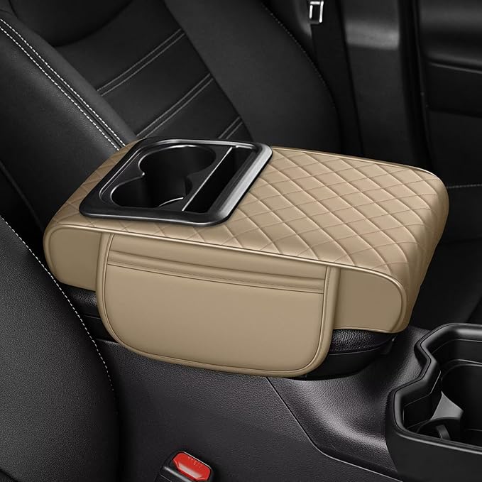 Center Console Cover Fit for RAV4 Faux Leather Car Armrest Cushion with Storage Bags, Cup Holder ＆ Phone Storage Multifunctional Middle Console Cover(Beige)
