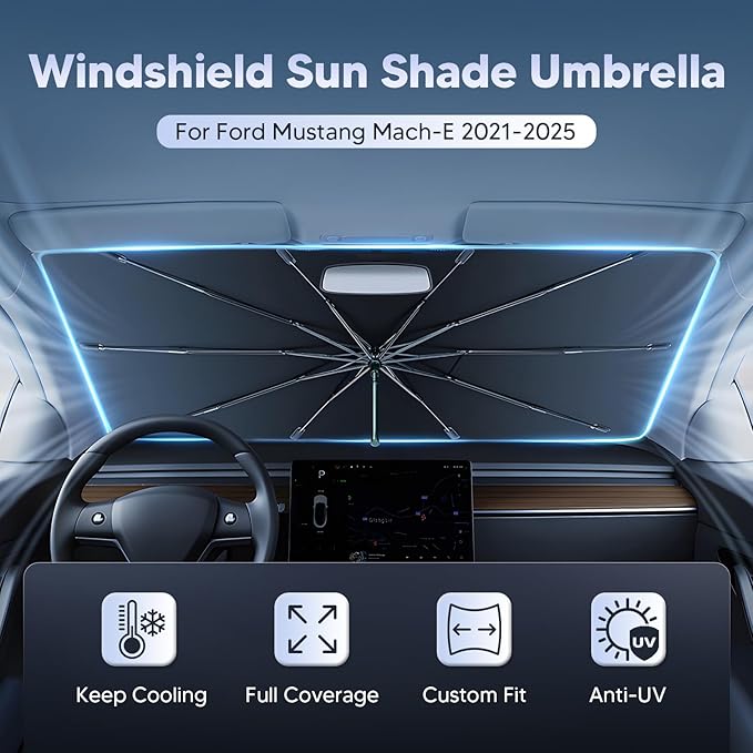 Autorder Windshield Sun Shade Umbrella for 2021-2026 Ford Mustang Mach-E Accessories,Upgraded Ice Crystal Material,Easy Setup Umbrella Sunshade for Car Windshield,100% Sun Blocking