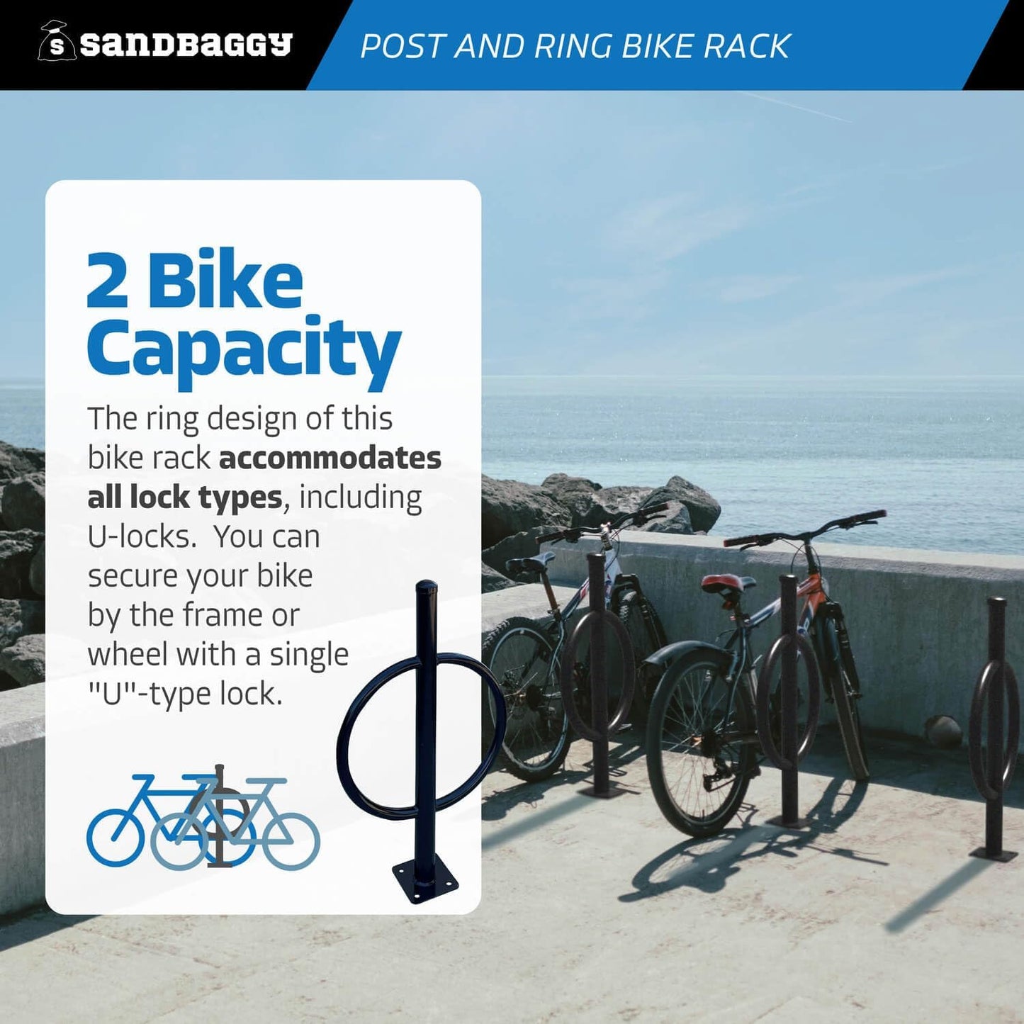 Sandbaggy Post and Ring Bike Rack - Commercial Bike Racks - Galvanized Steel - Anti-Theft Design - In Ground, Apartments, Sidewalks, Industrial (White, 10)