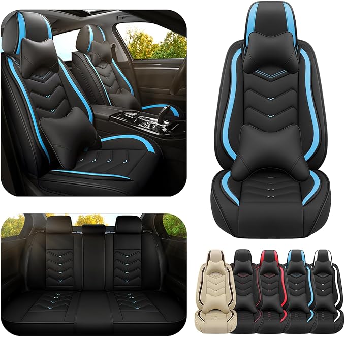Car Seat Covers for Cadillac CTS 2003-2019, Premium Nappa Leather Car Seat Cover, Stylish Sport Seat Covers， Automobile Seat Cover Sets.(Luxury 5 Seats/Black Blue)
