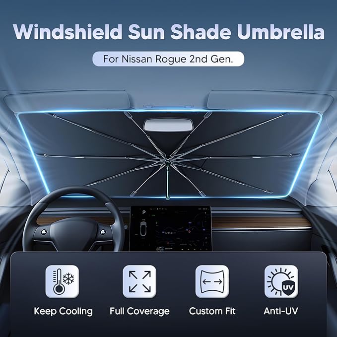 Autorder Windshield Sun Shade Umbrella for 2014-2020 Nissan Rogue Accessories,Upgraded Ice Crystal Material,Easy Setup Umbrella Sunshade for Car Windshield,100% Sun Blocking